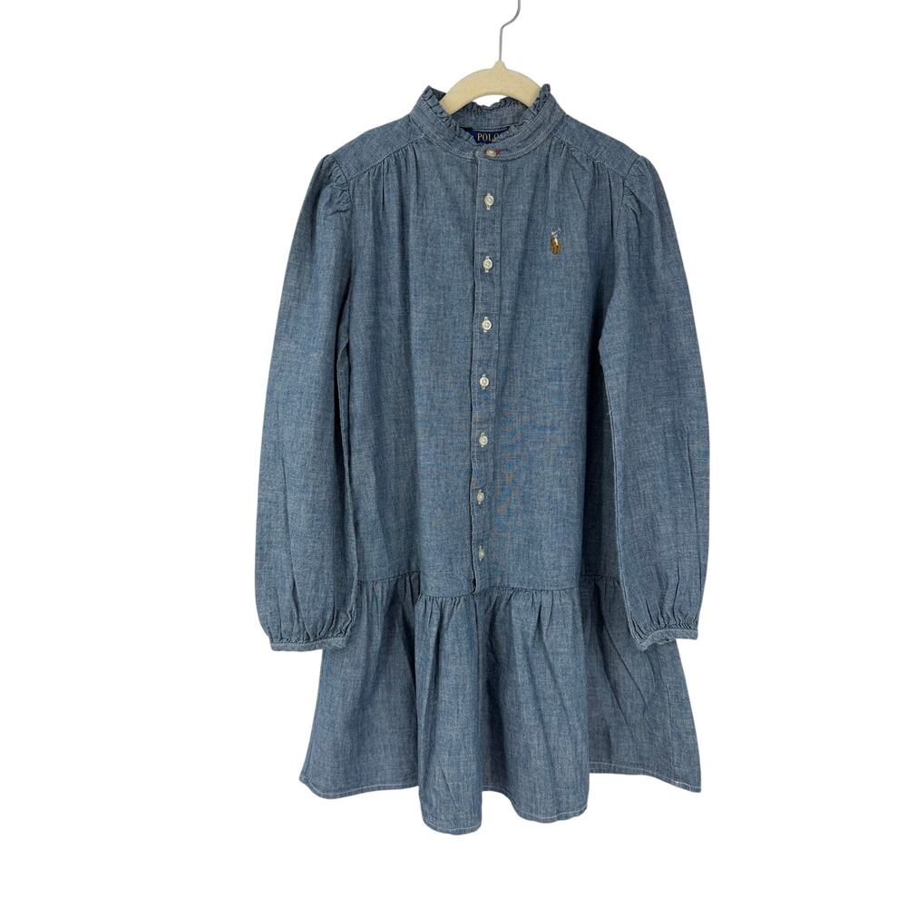 POLO RALPH LAUREN Denim Dress Girls Long Sleeve Button Front Sz 7 Pony Logo NWT